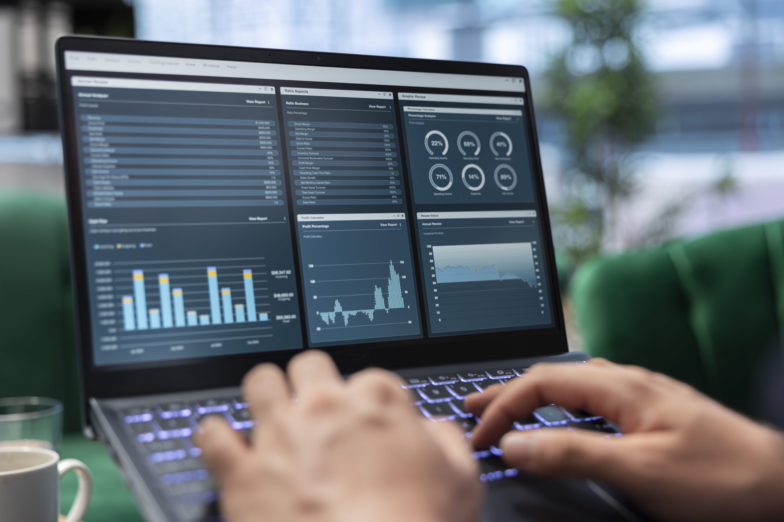 Ambitious leader works in office on infographics reports and setting objectives to drive corporate growth, global investment strategy in a competitive environment. Leadership skills.
